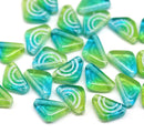 12x7mm Blue green triangle beads white ornament Czech glass, 25Pc