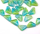 12x7mm Blue green triangle beads white ornament Czech glass, 25Pc