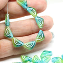 12x7mm Blue green triangle beads white ornament Czech glass, 25Pc