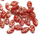 12x7mm Red leaf mixed color Czech glass beads gold wash, 30pc
