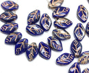 12x7mm Dark cobalt blue leaf mixed color Czech glass beads gold wash, 30pc