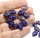 12x7mm Dark cobalt blue leaf mixed color Czech glass beads gold wash, 30pc
