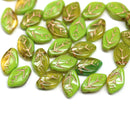 12x7mm Light green yellow leaf Czech glass beads copper wash, 30pc