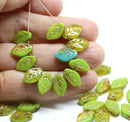 12x7mm Light green yellow leaf Czech glass beads copper wash, 30pc