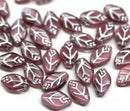12x7mm Dark pink leaf mixed color Czech glass beads, silver wash, 30pc