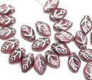 12x7mm Dark pink leaf mixed color Czech glass beads, silver wash, 30pc