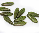 5x16mm Olive green leaf ornament dagger czech glass beads - 10pc
