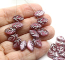 12x7mm Dark pink leaf mixed color Czech glass beads, silver wash, 30pc