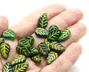 14x9mm Dark green Czech glass leaves yellow wash, 20pc
