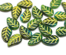 14x9mm Dark green Czech glass leaves yellow wash, 20pc