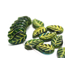 14x9mm Dark green Czech glass leaves yellow wash, 20pc