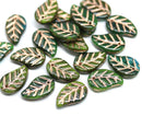 14x9mm Dark green Czech glass leaves copper wash, 20pc