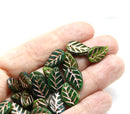 14x9mm Dark green Czech glass leaves copper wash, 20pc