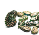 14x9mm Dark green Czech glass leaves copper wash, 20pc