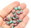 9mm Pink green czech glass shell beads side drilled copper wash, 20pc