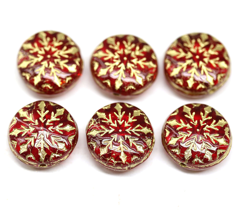 Transparent red gold inlays czech glass snowflake beads - 6pc – MayaHoney  beads