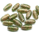 14x7mm Green long barrel czech glass beads copper wash, 15Pc