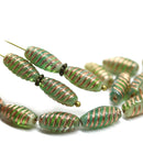 14x7mm Green long barrel czech glass beads copper wash, 15Pc