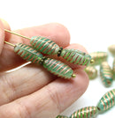 14x7mm Green long barrel czech glass beads copper wash, 15Pc