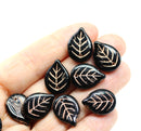 18mm Large black leaves, czech glass flat leaf, copper inlays, 10Pc