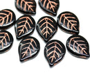 18mm Large black leaves, czech glass flat leaf, copper inlays, 10Pc