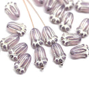 12x8mm Opal lilac tulip Czech glass beads, silver inlays, 20Pc