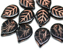 18mm Large black leaves, czech glass flat leaf, copper inlays, 10Pc