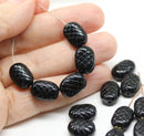 13x9mm Puffy oval jet black czech glass pressed beads, 15pc
