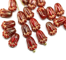 12x8mm Red mixed tulip flower Czech glass beads, copper wash, 20Pc