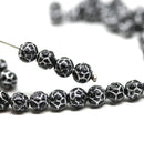 5mm Black rose bud beads, silver wash rose flower round bead, 50pc