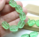 13x9mm Puffy oval spring green czech glass pressed beads, 15pc