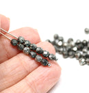 4mm Black czech glass fire polished beads silver wash - 50Pc