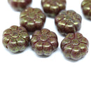 12mm Dark brown luster puffy pansy flower czech glass, 8pc
