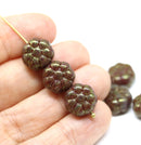 12mm Dark brown luster puffy pansy flower czech glass, 8pc