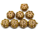 12mm Yellow green copper wash puffy pansy flower czech glass, 8pc