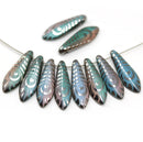 5x16mm Peacock ornament dagger blue pink czech glass beads - 10pc