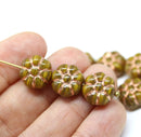 12mm Yellow green copper wash puffy pansy flower czech glass, 8pc