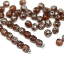 4mm Dark topaz czech glass fire polished beads silver wash - 50Pc