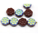 12mm Dark brown AB finish puffy pansy flower czech glass, 8pc