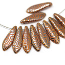 5x16mm Orange silver hexagon ornament dagger czech glass beads - 10pc