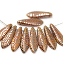 5x16mm Orange silver hexagon ornament dagger czech glass beads - 10pc