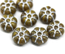 12mm Olive green silver wash puffy pansy flower czech glass, 8pc