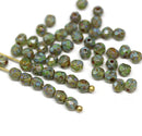 4mm Picasso green Czech glass fire polished round faceted spacers - 50Pc