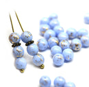 6mm Opaque light blue round druk czech glass beads, gold wash, 30Pc