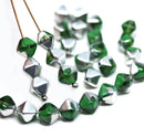 6mm Dark green bicone Czech glass beads, silver coating, 30Pc