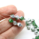 6mm Dark green bicone Czech glass beads, silver coating, 30Pc