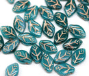 12x7mm Dark teal leaf beads Czech glass pressed, 30Pc