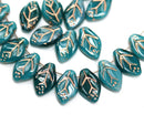 12x7mm Dark teal leaf beads Czech glass pressed, 30Pc