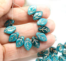 12x7mm Dark teal leaf beads Czech glass pressed, 30Pc