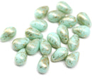 6x9mm Mint czech glass teardrop beads, golden flakes, 20pc